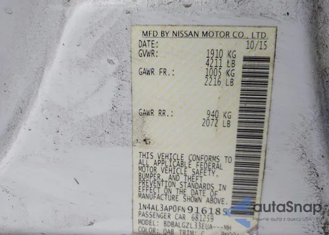 2015 Nissan Altima 2.5/S/Sv/Sl из США, поврежденный, VIN 1N4AL3AP0FN916185